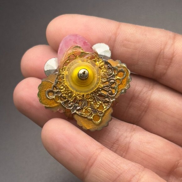 Vintage Michele Sugar Pink Clamshell Pink White Stone Rhinestone Earrings - Picture 3 of 10